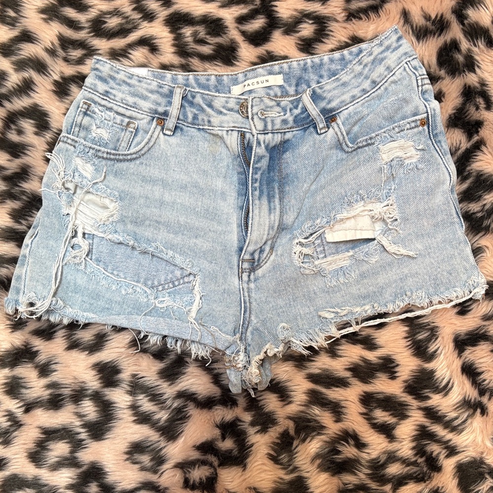 PacSun Light Blue High Rise Festival Ripped / Distressed Denim Jean Shorts
